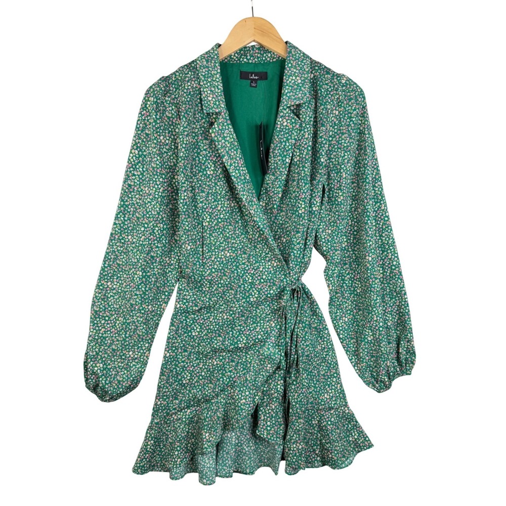 New‎ Lulus Floral Print Collared Long Sleeve Wrap Dress size Large Green